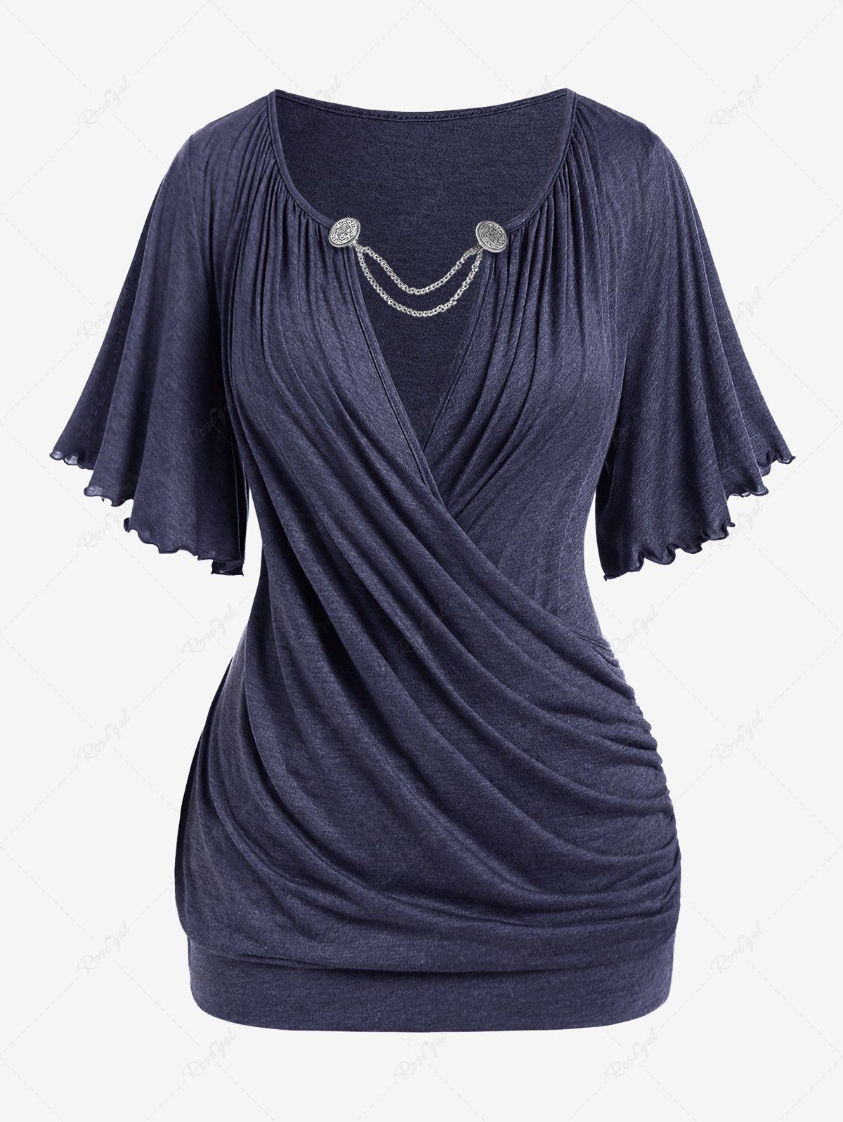T-shirt Plongeant Embelli de Chaîne de Grande Taille à Ourlet en Laitue Bleu profond 4X | US 26-28