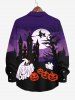Plus Size Halloween Costume Ghost Pumpkin Moon Bat Print Buttons Long Sleeve Shirt For Men -  