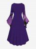 Robe D'Halloween Costume Chauve-souris Citrouille Fantôme Imprimés à Manches Evasées de Grande Taille - Pourpre  3X