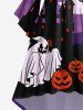 Robe D'Halloween Costume Chauve-souris Citrouille Fantôme Imprimés à Manches Evasées de Grande Taille - Pourpre  3X