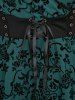 Plus Size Floral Mesh Flocking Lace Up Lace-trim Grommet 2 in 1 Long Sleeves Corset Top -  