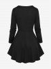 Plus Size Floral Mesh Flocking Lace Up Lace-trim Grommet 2 in 1 Long Sleeves Corset Top -  