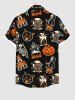 Plus Size Halloween Pumpkin Cat Skeleton Owl Ghost Print Buttons Pocket Shirt For Men -  