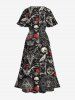 Robe Mi-Longue D'Halloween Crâne Chauve-souris et Mouton Imprimés de Grande Taille - Noir 2X