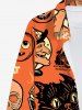 Chemise D'Halloween Chat Citrouille Fantôme Crâne Imprimés avec Boutons de Grande Taille à Manches Longues - Orange Foncé XL