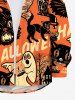 Chemise D'Halloween Chat Citrouille Fantôme Crâne Imprimés avec Boutons de Grande Taille à Manches Longues - Orange Foncé XL