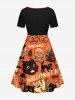 Plus Size Halloween Costume Pumpkin Skull Cat Ghost Letters Print Cinched Dress -  