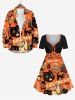 Plus Size Halloween Costume Pumpkin Skull Cat Ghost Letters Print Cinched Dress -  
