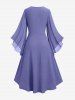 Plus Size Ruched Lace Up Mesh Bell Sleeves Textured Split Dress -  