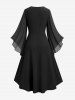 Plus Size Ruched Lace Up Mesh Bell Sleeves Textured Split Dress -  
