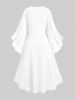 Plus Size Ruched Lace Up Mesh Bell Sleeves Textured Split Dress -  