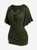 Plus Size Lettuce Ruched Chain Embellished Plunging Blouson Tee -  