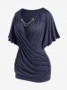 T-shirt Plongeant Embelli de Chaîne de Grande Taille à Ourlet en Laitue - Bleu profond 4X | US 26-28