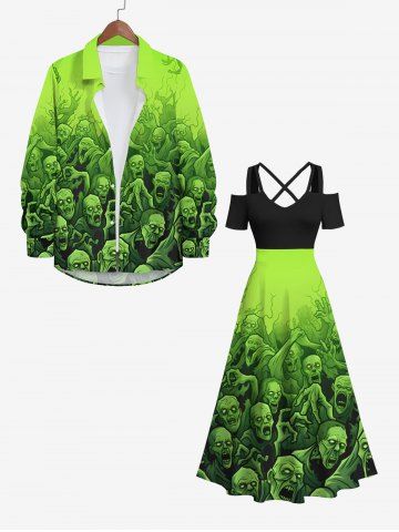 Halloween Costume Tree Vampire Print Plus Size Matching Outfit For Couples - GREEN