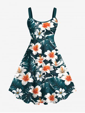 Plus Size Tropical Leaf Hibiscus Flower Print Hawaii Tank Dress - GREEN - XS