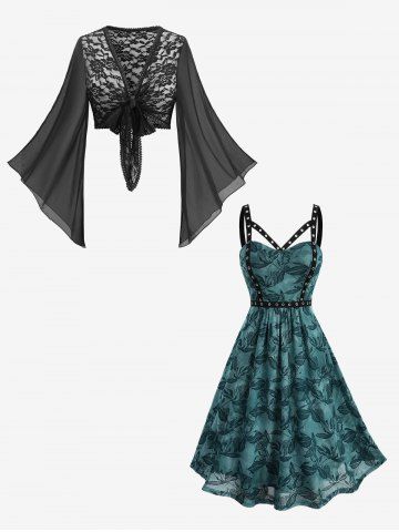 Rose Lace Knotted Chiffon Bolero Top and Mesh Straps Cut Out Backless A Line Tank Dress Plus Size Outfit - DEEP GREEN