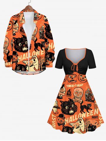 Halloween Costume Pumpkin Skull Cat Ghost Letters Print Plus Size Matching Outfit For Couples - DARK ORANGE