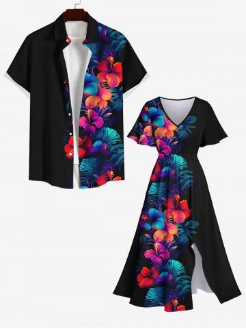 Tropical Leaf Hibiscus Flower Print Plus Size Matching Hawaii Beach Outfit For Couples - BLACK