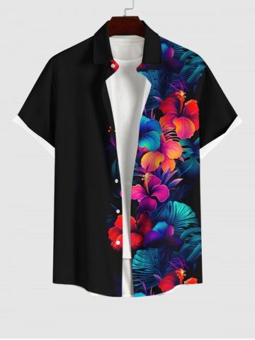 Plus Size Tropical Leaf Hibiscus Flower Print Buttons Pocket Hawaii Shirt For Men - BLACK - M