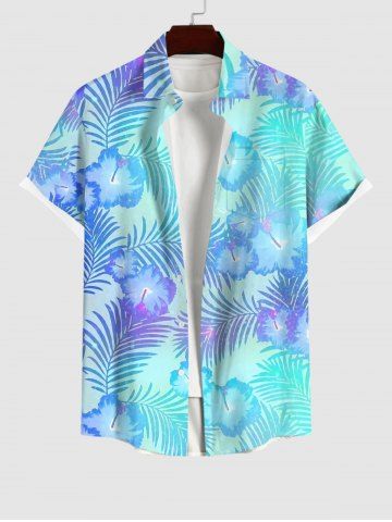 Plus Size Tropical Leaf Hibiscus Flower Ombre Print Buttons Pocket Hawaii Shirt For Men - BLUE - S