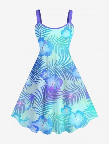 Plus Size Tropical Leaf Hibiscus Flower Ombre Print Hawaii Tank Dress - BLUE - XS