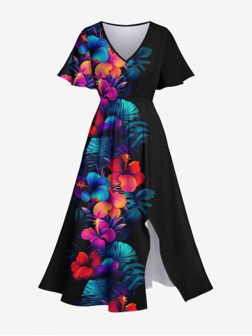 Plus Size Tropical Leaf Hibiscus Flower Print Split Hawaii Midi Dress - BLACK - S