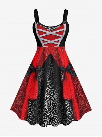 Plus Size Halloween Vampire Floral Pattern Crisscross Mesh Bowknot 3D Print Tank Dress - BLACK - 2X
