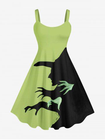 Plus Size Halloween Costume Hat Hands Shadow Print Tank Dress - GREEN - 3X