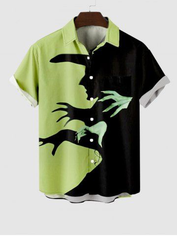 Plus Size Halloween Hat Hands Shadow Print Buttons Pocket Shirt For Men - GREEN - S