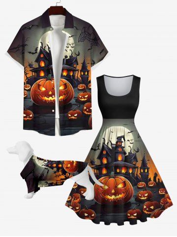 Halloween Costume Pumpkin Moon Bat Castle Print Dog and Owner Matching Outfits - BLACK