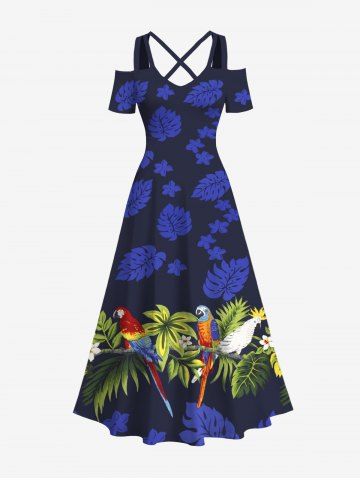 Plus Size Tropical Leaf Flowers Parrot Birds Print Cold Shoulder Crisscross Hawaii Maxi Dress - BLUE - S