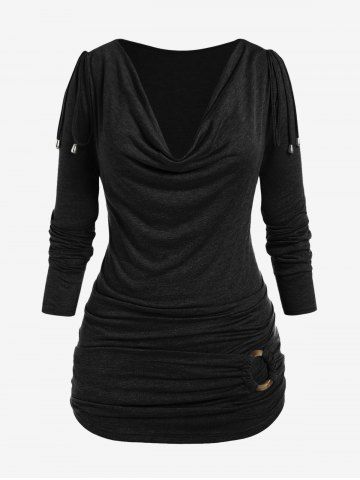 Plus Size Long Sleeve Cowl Neck O Ring Ruched T-shirt - BLACK - L | US 12