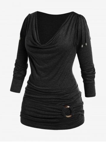Plus Size Long Sleeve Cowl Neck O Ring Ruched T-shirt