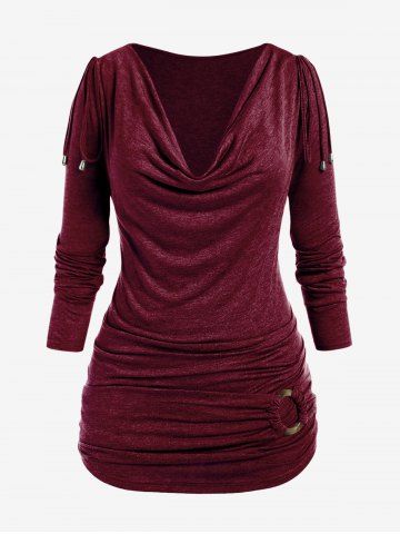 T-shirt Plissé Bague en O de Grande Taille à Manches Longues à Col Bénitier - DEEP RED - L | US 12