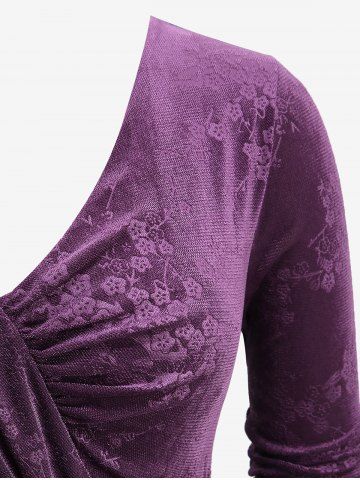Plus Size Floral Embossed Ruched Surplice Long Sleeves Top with Removable Chain Belt