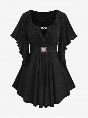 Plus Size Chain Panel Belted Butterfly Sleeve Surplice Top - BLACK - S | US 8