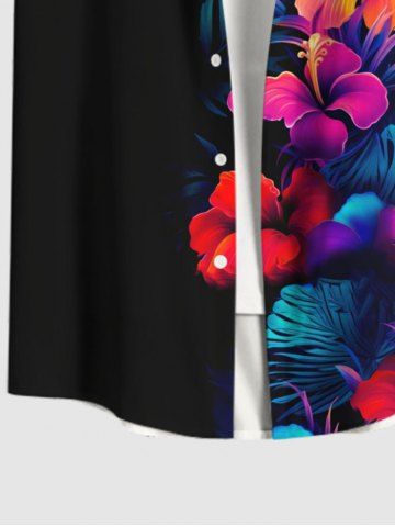Plus Size Tropical Leaf Hibiscus Flower Print Buttons Pocket Hawaii Shirt For Men
