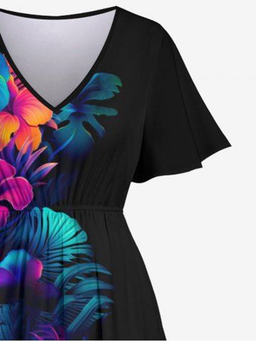 Plus Size Tropical Leaf Hibiscus Flower Print Split Hawaii Midi Dress