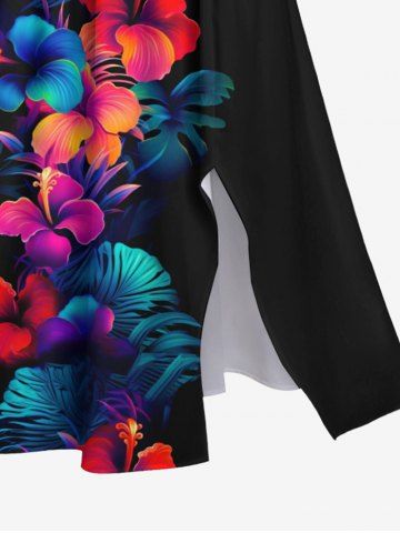 Plus Size Tropical Leaf Hibiscus Flower Print Split Hawaii Midi Dress