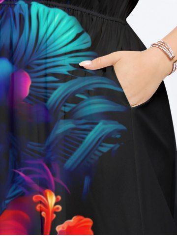 Plus Size Tropical Leaf Hibiscus Flower Print Split Hawaii Midi Dress