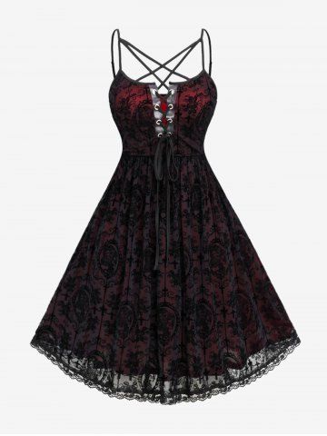 Halloween Costume Gothic Plus Size Lace Up Grommets Cross Girl Print Mesh Crisscross Vintage Dress - RED - 5X | US 30-32