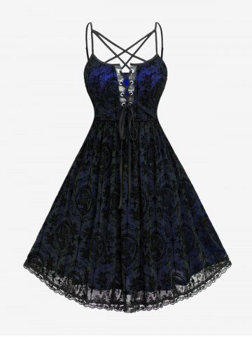 Robe vintage gothique à lacets et œillets, grande taille, imprimée, en maille croisée, pour Halloween. - BLUE - 5X | US 30-32