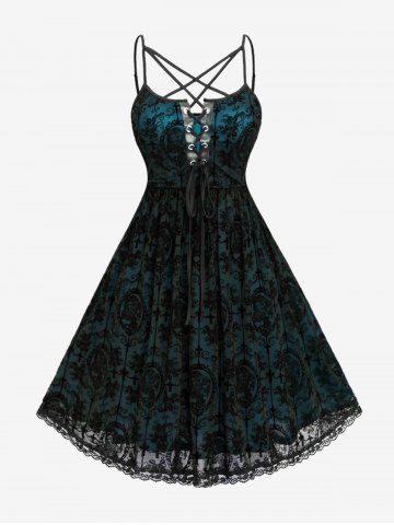 Halloween Costume Gothic Plus Size Lace Up Grommets Cross Girl Print Mesh Crisscross Vintage Dress - GREEN - 3X | US 22-24