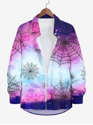 Plus Size Halloween Spider Web Bat Pumpkin Ombre Colorblock Print Buttons Long Sleeve Shirt For Men -  