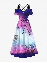 Maxi Robe D'Halloween Citrouille et Chauve-souris Imprimés en Blocs de Couleurs Grande Taille - Multi-A 2X