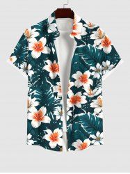 Plus Size Tropical Leaf Hibiscus Flower Print Buttons Pocket Hawaii Shirt For Men -  