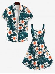 Tropical Leaf Hibiscus Flower Print Plus Size Matching Hawaii Beach Outfit For Couples -  