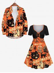 Costume D'Halloween Chat Citrouille Fantôme et Crâne Imprimés Grande Taille pour Couples - Orange Foncé 