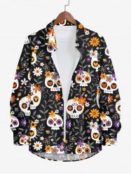 Plus Size Halloween Cute Skulls Colorful Flowers Print Buttons Long Sleeve Shirt For Men -  