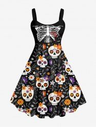 Robe Costume D'Halloween Fleur Colorée Crâne Imprimée Grande Taille - Noir 3X